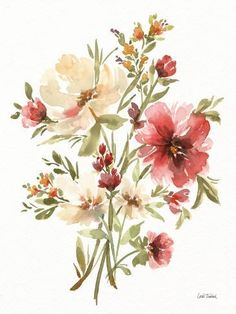 watercolor painting of red and white flowers