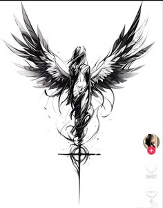 an artistic drawing of a winged angel with cross on it's back and wings spread out