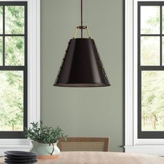 a dining room table with a potted plant on it and two windows in the background