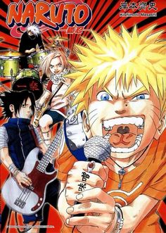 an anime poster with the character naruto holding a guitar and singing into a microphone