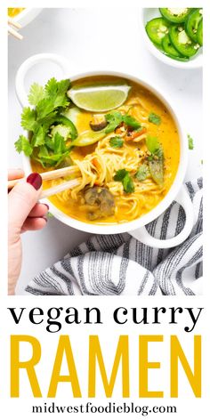 vegan curry ramen in a white bowl with chopsticks and cilantro