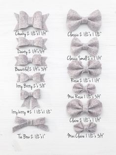 three different sizes of bows are shown on a white background with the measurements for each bow