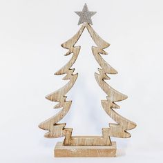 a wooden christmas tree with a star on top