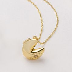 Fortune Cookie Gold Locket Necklace Luxury Gold Plated Locket, Fortune Cookie Necklace, Luxury Medallion Necklace For Good Luck, Fortune Cookie Jewelry, Cheap Vintage Gold Locket Necklace, Luxury Classic Engraved Coin Necklace, Mushroom Locket Necklace, Cute Gold Pendants, Lockets Gold