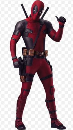 the deadpool character is standing with his hands up and pointing at something in front of him