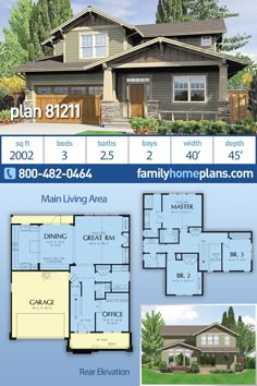 two story house plan with 3 bedroom and 2 bathrooms in the front, three car garage on