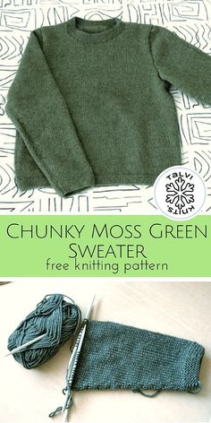 chunky moss green sweater with free knitting pattern on the left and right side, along with a crochet hook