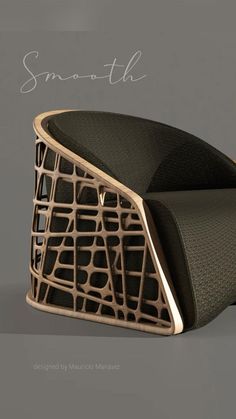 a black and gold chair sitting on top of a gray floor