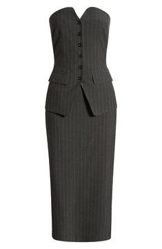 Suiting style comes for after-hours affairs in this pinstriped dress designed to showcase your shoulders. 42 1/2" center front length (size Medium) Hidden back-zip closure Strapless Partially lined 65% polyester, 30% viscose, 5% elastane Hand wash, dry flat Imported Spring Pinstripe Dresses For Workwear, Spring Pinstripe Dresses For Work, Spring Pinstripe Workwear Dresses, Fitted Sleeveless Pinstripe Dress, Fitted Pinstripe Sleeveless Dress, Striped Fitted Dress For Office, Elegant Vertical Stripes Workwear Dress, Elegant Midi-length Dress With Vertical Stripes, Elegant Knee-length Dress With Vertical Stripes