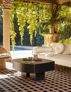 a living room with couches, tables and potted plants on the patio area