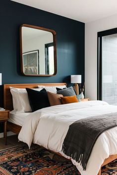 #BEAUTY, #RELATIONSHIPS #Fashion #Animals #Outfits #Winter Outfits #Animals Dark Navy Master Bedrooms Decor, Rust Navy Bedroom, Mid Century Dark Bedroom, Navy Blue Moody Bedroom, Dark Costal Bedroom, Dark Navy Bedroom Accent Wall, Painted Arch Bedroom, Mcm Home Interiors, Accent Wall Small Room