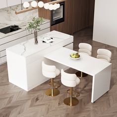 a modern kitchen with white furniture and wood flooring is pictured in this image, there are four chairs around the table