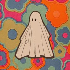 a drawing of a ghost floating in front of colorful circles and flowers on a multicolored background