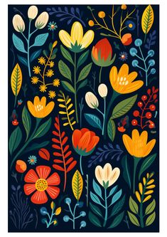 colorful flowers and leaves on a dark blue background