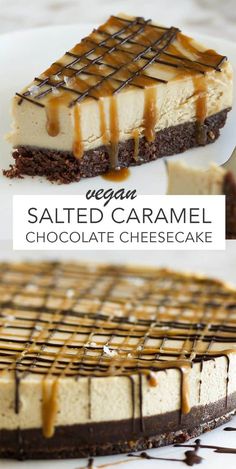 a chocolate cheesecake with caramel drizzled on top and the words vegan salted caramel above it