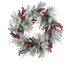 a christmas wreath with red berries, pine cones and greenery is shown against a white background