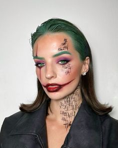 Joker Women’s Makeup, Female Joker Halloween Makeup, Joker Female Makeup Looks, Halloween Female Makeup, Joker Eyeliner, Joker Halloween Makeup Easy, Joker Halloween Costumes Female Diy, Female Joker Makeup Halloween, Joker Costume Women Diy