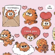 a bunch of stickers that are on a pink background with hearts and animals in it