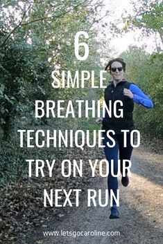 a woman running down a dirt road with the words 6 simple breathing techniques to try on your next run