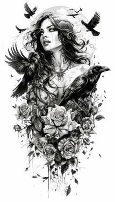 a black and white drawing of a woman with two birds on her shoulder, surrounded by roses