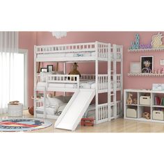 a white bunk bed with a slide next to it in a child's room