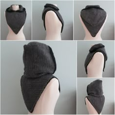 four pictures of the back of a mannequin's head wearing a scarf