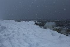 snow is falling on the ground near the ocean