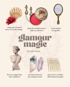 an advertisement for glamour magic with various items