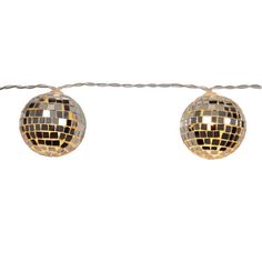 two disco ball lights hanging from a rope