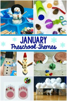 a collage of pictures with snowmen, footprints and other items in the background