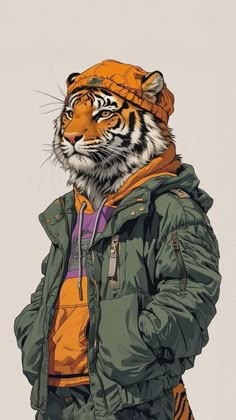 a drawing of a tiger wearing an orange hat and green jacket, with his head turned to the side