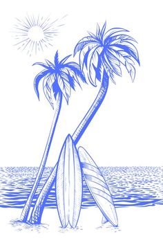 a drawing of two palm trees and a surfboard on the beach with water in the background