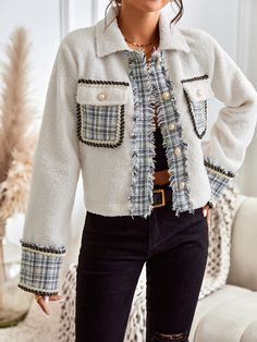 White Elegant Collar Long Sleeve Fabric Plaid Teddy Embellished Non-Stretch Spring/Fall Women Outerwear Tweed Outfit Women, Tweed Blazer Outfit, Natural Baby Clothes, Tweed Fashion, Tweed Outfit, Coat Women Fashion, Women Outerwear, Women Jackets, Korean Fashion Dress