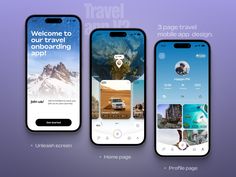 three smartphones with travel app screens displayed on them, and the text welcome to our travel onboarding app