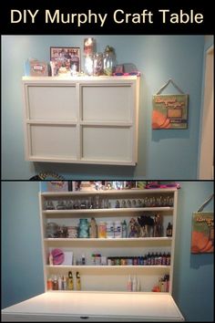 two pictures of the inside of a craft room with white cabinets and shelves filled with craft supplies