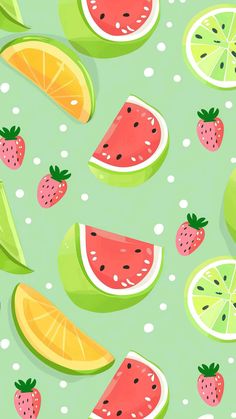 watermelon slices, limes and strawberries on a green background with polka dots