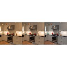 three pictures of the same kitchen with stainless steel appliances and counter tops, all in different angles