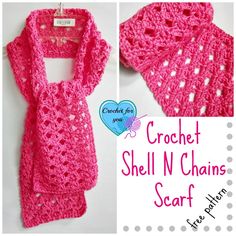 the crochet shell n chains scarf is shown in pink and has white dots on it