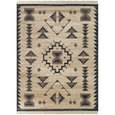 a beige and black rug with an arrow design on the center, in front of a white background