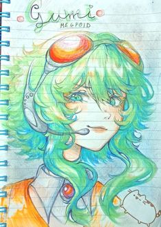 a drawing of a girl with green hair and headphones on her head, in a notebook