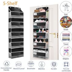 the 5 - shelf over door shoe rack is open and has five bins on each side