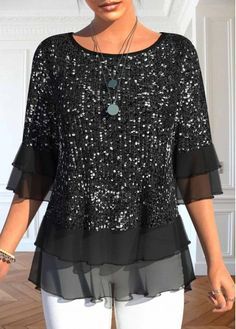 Color:Black;Size:S;Size:M;Size:L;Size:XL;Size:XXL;Package Contents:1 X T Shirt;Occasion:Other;Style:Casual; T-shirt Dresses, Round Neck Blouse, Tie Dye Tops, Sequin Tunic, Sequin Shirt, Half Sleeve Blouse, Blouse Pattern Sewing, 60 Fashion, Blouse Diy