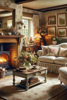 a living room filled with furniture and a fire place in front of a mirror on the wall