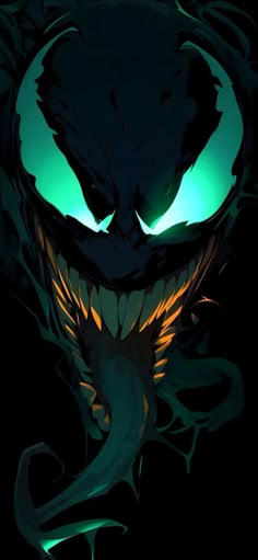 an evil looking monster with glowing eyes and fangs on it's face, in the dark