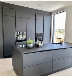 a modern kitchen with grey cabinets and black counter tops, along with a plant on the island