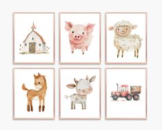 four farm animals are featured in this set of four art prints, each featuring a cow, pig, and horse