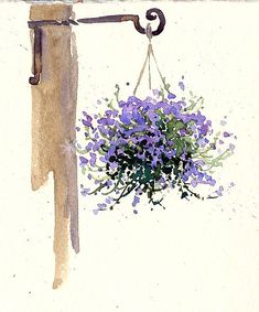 a painting of purple flowers hanging from a hook