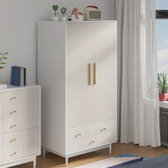 a white cabinet sitting next to a window in a room with a rug on the floor