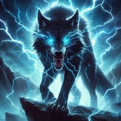 a wolf with glowing blue eyes standing on top of a rock in front of lightning