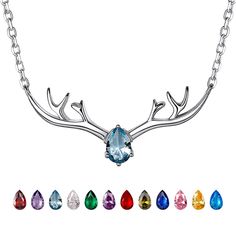 PRICES MAY VARY. 🦌 Cute Antler Pendant Necklace 🦌 : antler deer horn charm collar bone necklace, symbolize new begin, luck and power. 925 Silver Pendant : real 925 sterling silver made necklace (chain, pendant, clasp) ; lead free, nickel free, skin friendly and color lasting metal. 💎 Birthstone Choker Necklace 💎 : pear-cut simulated cubic zirconia birthstone inlaid on deer head, shiny and sparkling pretty necklace for women, teen girls. Created Gem Necklace Size : Antler 1.24" L * 0.51W, cha Deer Jewelry, Deer Necklace, Antler Pendant, Deer Horn, Bone Necklace, Collar Bone, Gem Necklace, Deer Head, Pretty Necklaces